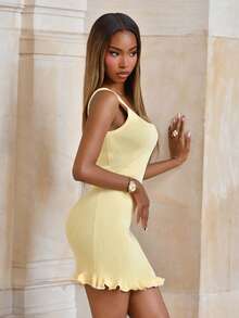 Mima John Spring Summer Ladies Fashion Elegant Casual Simple Commuter Daily Goose Yellow Solid Colour Hem Ruffle Design Pit Stripe Square Neck Sleeveless Halter Short Dresses - Yellow - View 6