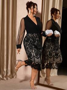 Cravure Váy dài tay cổ chữ V phối ren lưới thanh lịch cỡ lớn, mùa thu - màu đen - Xem 5