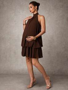 MaterniChic 孕妇纯色荷叶边褶皱吊带连衣裙 - 棕色 - 查看 6
