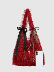 ROMWE Kawaii Túi tote cỡ lớn họa tiết nơ lưới phong cách cổ điển dành cho nữ - Màu rượu vang đỏ - Xem 3