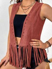SHEIN VCAY 大码女式波西米亚西部风纯色拼接流苏下摆开襟背心外套，适合夏季和秋冬季穿着 - 西瓜粉 - 查看 5