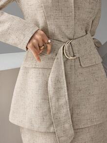 Heiryn Women's Long Sleeve Belted Jacket And Midi Skirt Elegant Suit Set Beige Outfits For Women Blazer Skirt Set Skirt Suit - Apricot - View 3