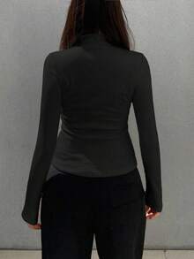 DAZY 女式纯色立领长袖休闲修身保暖内衬厚 T 恤，秋季 - 黑色 - 查看 3