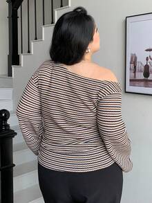 Dazy Plus Fashionable Casual Striped Off-Shoulder Lantern Sleeve Fitted Cropped Elegant Long Sleeve T-Shirt - Khaki - View 2