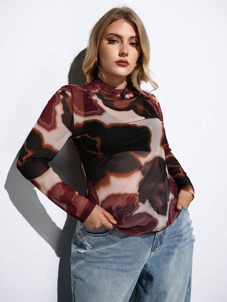 SHEIN Maija Blusa de manga larga con estampado floral de rosa transparente para mujer de talla grande, elegante y casual para ir a la oficina, ideal para primavera, verano, San Valentín, fiestas, bodas, vacaciones, Día de San Patricio, Pascua, playa, graduación y salidas de verano