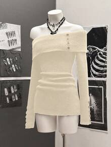 StreetHx 女士街头风修身翻领纽扣休闲长袖毛衣连衣裙 - 杏色 - 查看 5