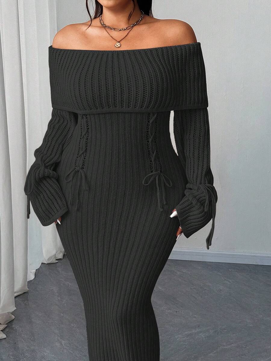 Elenzga 大码女式纯色露肩系腰毛衣连衣裙 - 黑色 - 查看 1