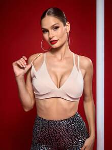 Menodora SHEIN Sport 女士纯色简约日常运动文胸 - 杏色 - 查看 3