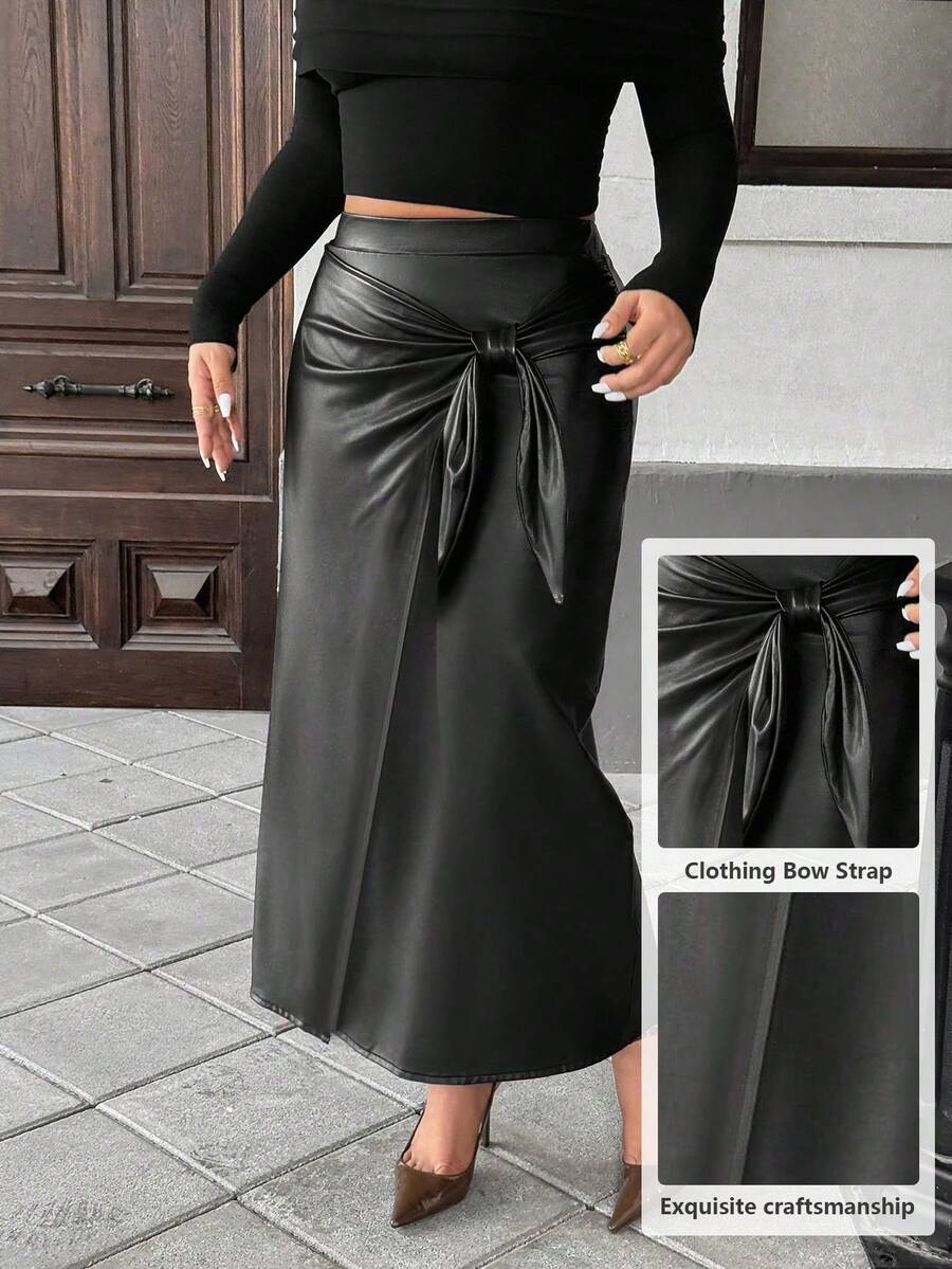 Elenzga Plus Size Women Elegant Ruched Bow Tie Wrap Split Skirt - Black - View 1