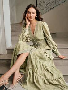 Anewsta 法式褶皱V领泡泡袖优雅修身连衣裙长款女装 - 橄欖綠 - 查看 7