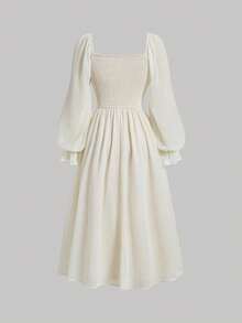 SHEIN MOD Women's Vintage Style Minimalist Solid Color Square Neck Ruffle Sleeve Pleated Waist Dress, Spring/Autumn.Ivory Chiffon Midi Dress, Square Neckline, Long Puff Sleeves, Gathered Bodice, Ruched Waist, Flowy Skirt, Soft Lining, Lightweight, Romantic, Feminine, Vintage Inspired, Elegant, Classic Style, Renaissance, Gentle, Retro, Delicate Fabric, Pretty, Breezy, Simple Design, Graceful - Apricot - View 2