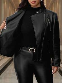 Gownix 大码女式休闲黑色拉链长袖PU皮夹克，带内衬和口袋，黑色纯色长袖拉链领摩托车夹克，保暖，带多功能口袋，适合秋季穿着，带内衬和口袋，2025新款复古风，适合外出、办公室穿着，优雅时尚，秋季，办公室，老钱风格 - 黑色 - 查看 2