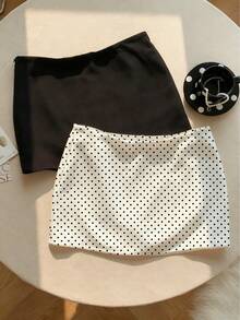 Comfortcana 2pcs Plus Size Women Casual Solid Color & Polka Dot Print A-Line Skirt Set, Solid Color Skirt + Polka Dot Skirt With Leggings Two Piece Skirt Matching Set Skirt Black And White Skirt - Black and White - View 9