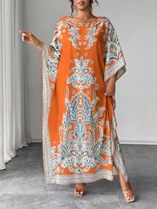 Elenzga 加大码蝙蝠袖圆领印花宽松连衣裙，适合度假和聚会 - 橘色 - 查看 5