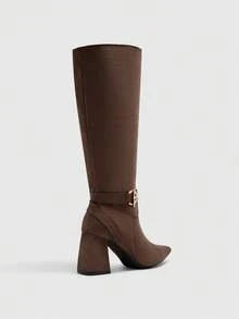 CUCCOO BIZCHIC Botas altas hasta la rodilla con puntera puntiaguda y decoración metálica de moda con tacón alto, aptas para uso diario - Café integral - Ver 9