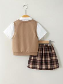 SHEIN 女童二合一短袖衬衫和格子百褶裙休闲套装 - 棕色 - 查看 2