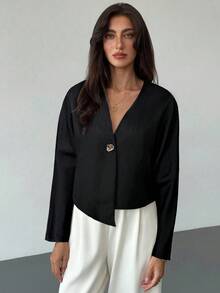 Aloruh 1 pezzo Maglietta donna oversize a maniche lunghe con orlo asimmetrico, tinta unita - nero - Visualizzare 4