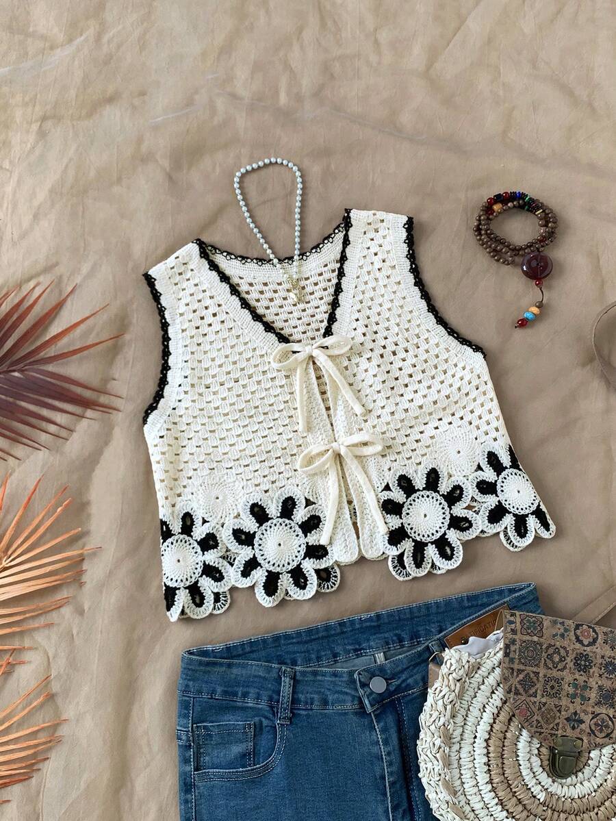 Travachic KIDS 少女度假休闲花卉刺绣镂空针织背心 - 白色 - 查看 1