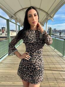 Carolina Barros 女士豹纹网布喇叭袖迷你连衣裙 - 棕色 - 查看 4
