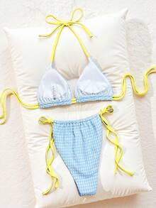 Bonvoyette 女士蓝白格纹纹理面料挂脖系带比基尼套装，性感沙滩泳衣，春夏款 - 藍白色 - 查看 2