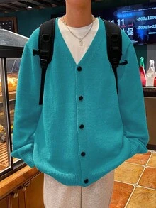 Claim Dot 男士纯色长袖单排扣休闲针织开衫，秋冬季 - 青碧色 - 查看 5