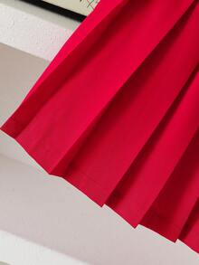 SHEIN Elladie kids Set 2 piese pentru fetițe: Top cu fundă decorativă în textură tip waffle + Fustă plisată roșie, dulce și drăguț, potrivit pentru Anul Nou, sărbători, petreceri, primăvară/toamnă