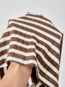 Girls' Casual Fashion Set! Girls' Coffee Striped Lapel Casual Top+Wide Leg Pants Fashion Set, Girls' Spring And Autumn Non Velvet Knitted Long Sleeved Pants Set Suitabl