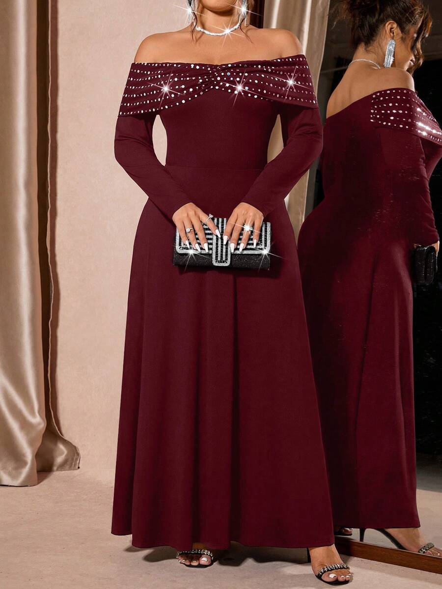 Cravure Đầm trễ vai thanh lịch cỡ lớn dành cho nữ, thích hợp cho tiệc tùng và hẹn hò - Màu Đỏ Sâu - Xem 1