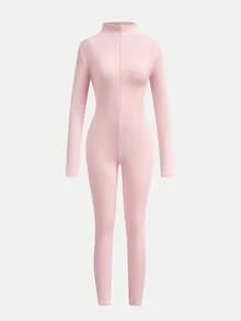 SHEIN 少女款保暖内衬纯色长袖修身半拉链连体裤，柔软天鹅绒面料 - 粉色 - 查看 2