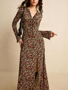 Poéselle 女士秋季时尚碎花高开衩连衣裙 - 彩色 - 查看 7