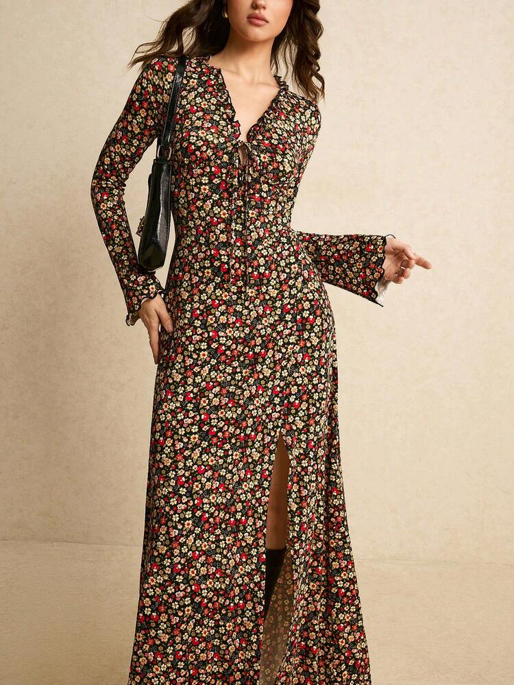 Poéselle Vestido com Fenda Alta e Estampa Floral Miúda de Moda Outono Feminina - Multicolorido - Visão 7