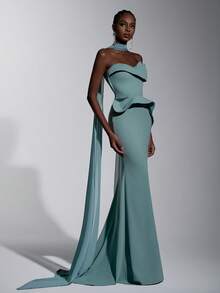 Elitara 优雅浪漫时尚的灰绿色弹力面料连衣裙，饰有3D立体装饰，露背设计，鱼尾裙摆，拖尾，长款正式派对礼服，婚礼宾客礼服，绿色连衣裙，正式晚礼服 - 綠色 - 查看 6