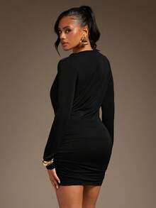 Hauture Women's Fashionable Sexy Solid Color Plunging Neck Bodycon Mini Dress - Black - View 3