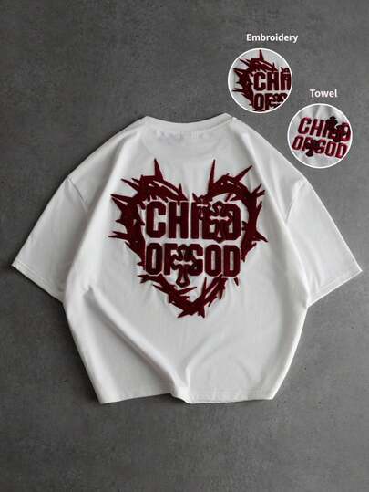 PAVTROS 男士时尚3D字母爱心刺绣圆领短袖T恤。街头风、朋友装、情侣装、宽松版型、男士款、印花、日系、男女通用、我爱我的女朋友