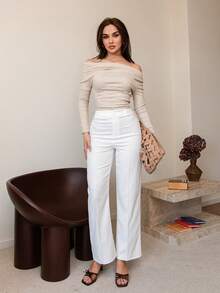 Bris Aura Áo thun nữ không đối xứng vai thường ngày, áo thun màu trơn thắt nút xoắn mặc hàng ngày, đi làm, ở nhà, mặc nhiều lớp, áo thun dệt kim dài tay - Màu be - Xem 6