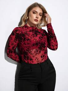 Maija 女式加大码花卉印花透视高领衬衫（无胸罩），适合城市通勤、商务休闲、办公室穿着，优雅的圣诞派对、新年庆祝活动，红色上衣 - 紅色 - 查看 4