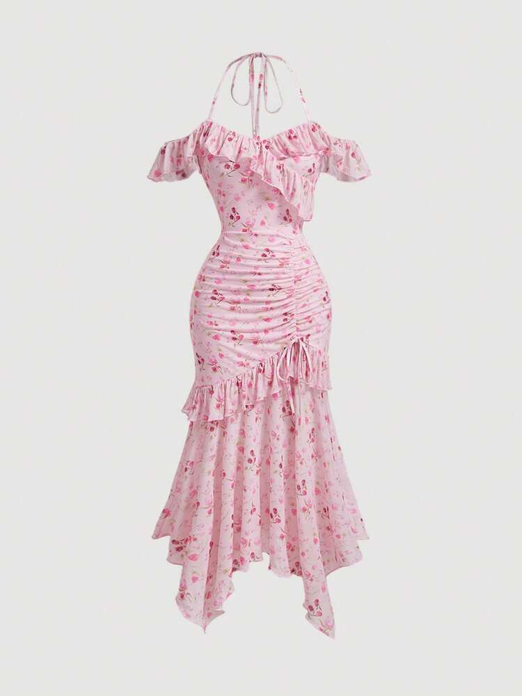shein pink long dress SHEIN Floral Knitted Pink Long Dress For Summer,Pink Women Dresses,Grad Dress,Pastel Dresses For Women,L
