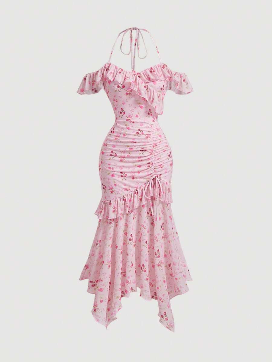 SHEIN MOD 夏季粉色针织碎花长裙，粉色女装，毕业礼服 - 粉色 - 查看 1