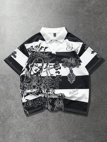 ROMWE MEN Men's Polo Shirt, Casual Spring/Summer Street Style American Short Sleeve Polo Shirt - Black and White - View 3