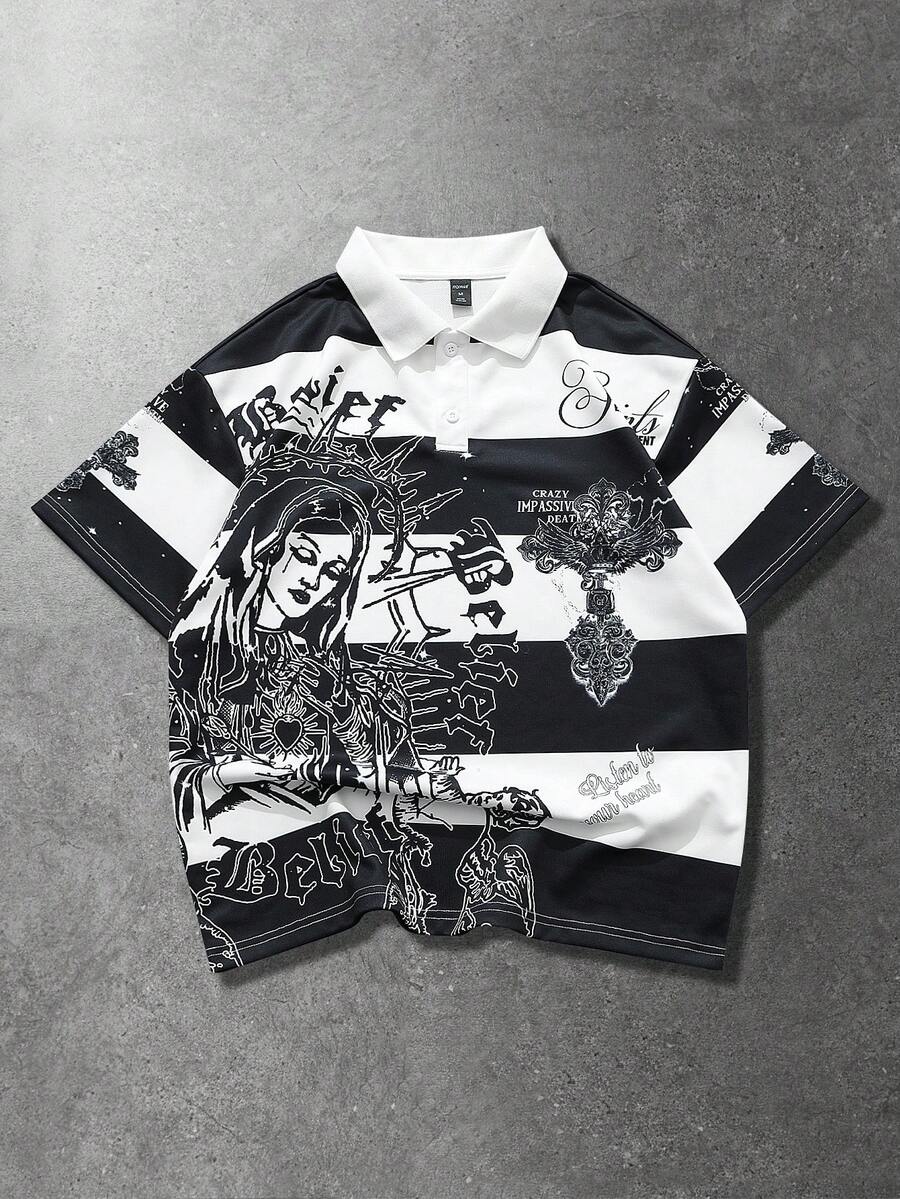 ROMWE MEN 男士Polo衫，休闲春夏街头风美式短袖Polo衫 - 黑與白 - 查看 1