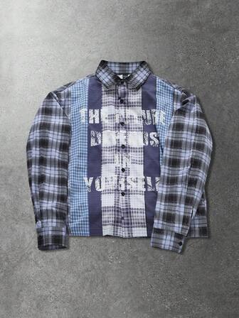 Camisa de manga larga a cuadros con parches para hombre, estilo callejero estadounidense, primavera/otoño