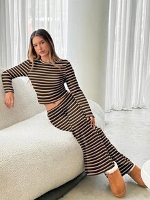 Aloruh Bộ đồ ngủ thường ngày dành cho nữ, gồm áo thun dài tay bó sát kẻ sọc nâu và quần ống đứng kẻ sọc rộng rãi, trang phục sang trọng để mặc hàng ngày và chơi thể thao, mùa thu/đông - Cà phê nâu - Xem 4