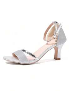 Sandalia de mujer brillo elegante punta abierta pulsera tobillo tacón medio estilo fiesta para eventos y noches - Plateado - Ver 10