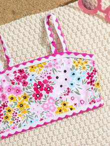 Young Girls 3-Piece Floral Bikini Set, Adjustable Strap Triangle Top, Triangle Bottoms, Mesh Skirt, Suitable For Vacation, Beach, Summer - Multicolor - View 3