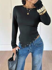 Siren Gaze Women's Asymmetric Hem Long Sleeve Black Fitted Studded T-Shirt,Chic Autumn Basic Top,Night Out Y2k Rivet Design Fitted Top - Black - View 3