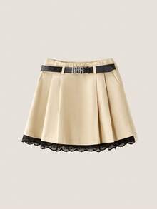 SHEIN Unity 女士休闲日常时尚黑色蕾丝边半身裙 - 卡其色 - 查看 1