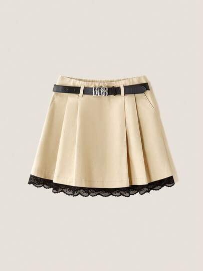 Muvela Stylish Casual Khaki Skirt With Lace Detail And Knee Length For Women