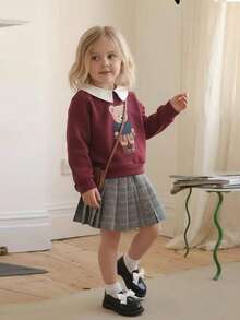 Playful Pals Completo bambina casual 2 in 1 con camicia a collo, pannello frontale, stampa carina, polsini a costine, felpa con vita elastica e gonna plissettata a quadri vintage, autunno/inverno