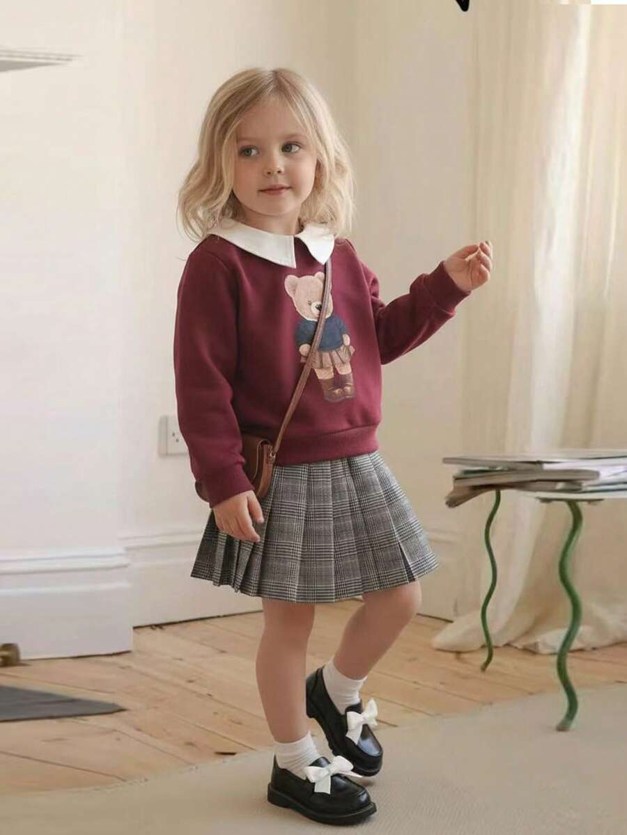 Playful Pals Completo bambina casual 2 in 1 con camicia a collo, pannello frontale, stampa carina, polsini a costine, felpa con vita elastica e gonna plissettata a quadri vintage, autunno/inverno