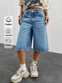 CasuGlow QUẦN SHORT DENIM BERMUDA CẠP THẤP - Màu xanh lam - Xem 1